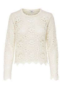 Weißer, gestrickter Pullover mit einem lockeren, offenen Spitzendesign, Rundhals-Ausschnitt, langen Ärmeln und gewelltem Saum, gefertigt aus leichtem Garn.