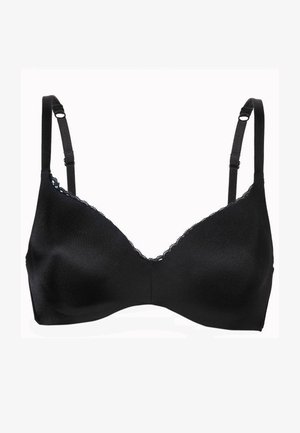 Reggiseno nero con spalline regolabili, tessuto morbido e bordi in pizzo lungo l'scollatura. Presenta un design senza cuciture e un profondo scollo a V nella parte anteriore.