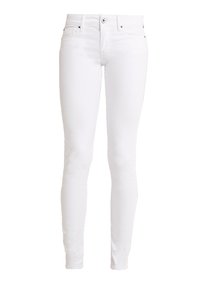 Jeans skinny blancos de mezclilla, con diseño clásico de cinco bolsillos, cierre frontal con botón y acentos de costura mínimos.