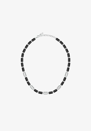 Perline nere rettangolari si alternano con accenti ovali argentati per formare una collana. Il design presenta una finitura lucida e una chiusura con catena regolabile.