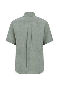 Cămașă cu mânecă scurtă dintr-un material texturat de culoare verde deschis, cu pliu la spate și guler clasic; croi drept și design simplu.