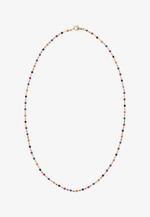Finom arany lánc nyaklánc apró piros, kék, fekete és narancssárga gyöngyökkel, rákollós kapoccsal rögzítve.