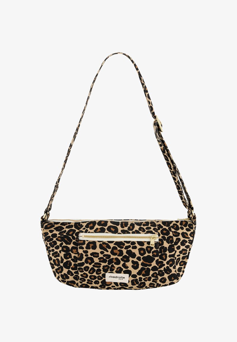 Sac à imprimé léopard en tissu, doté d'une bandoulière, d'une fermeture éclair dorée et d'une poche extérieure zippée pour plus de praticité.