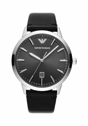 Emporio Armani Armbanduhr mit schwarzem Zifferblatt, silbernen Stundenmarkierungen, schwarzem Lederarmband, Datumsanzeige bei 6 Uhr und drei silbernen Zeigern.
