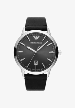Emporio Armani Armbanduhr mit schwarzem Zifferblatt, silbernen Stundenmarkierungen, schwarzem Lederarmband, Datumsanzeige bei 6 Uhr und drei silbernen Zeigern.