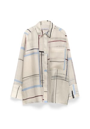 Camicia leggera beige con un mix di linee geometriche blu, rosse e nere. Presenta un colletto, chiusura con bottoni e una tasca sul petto.