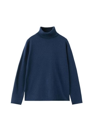 Pull à col roulé bleu marine à manches longues en tissu tricoté doux avec un col ajusté et un ourlet droit.