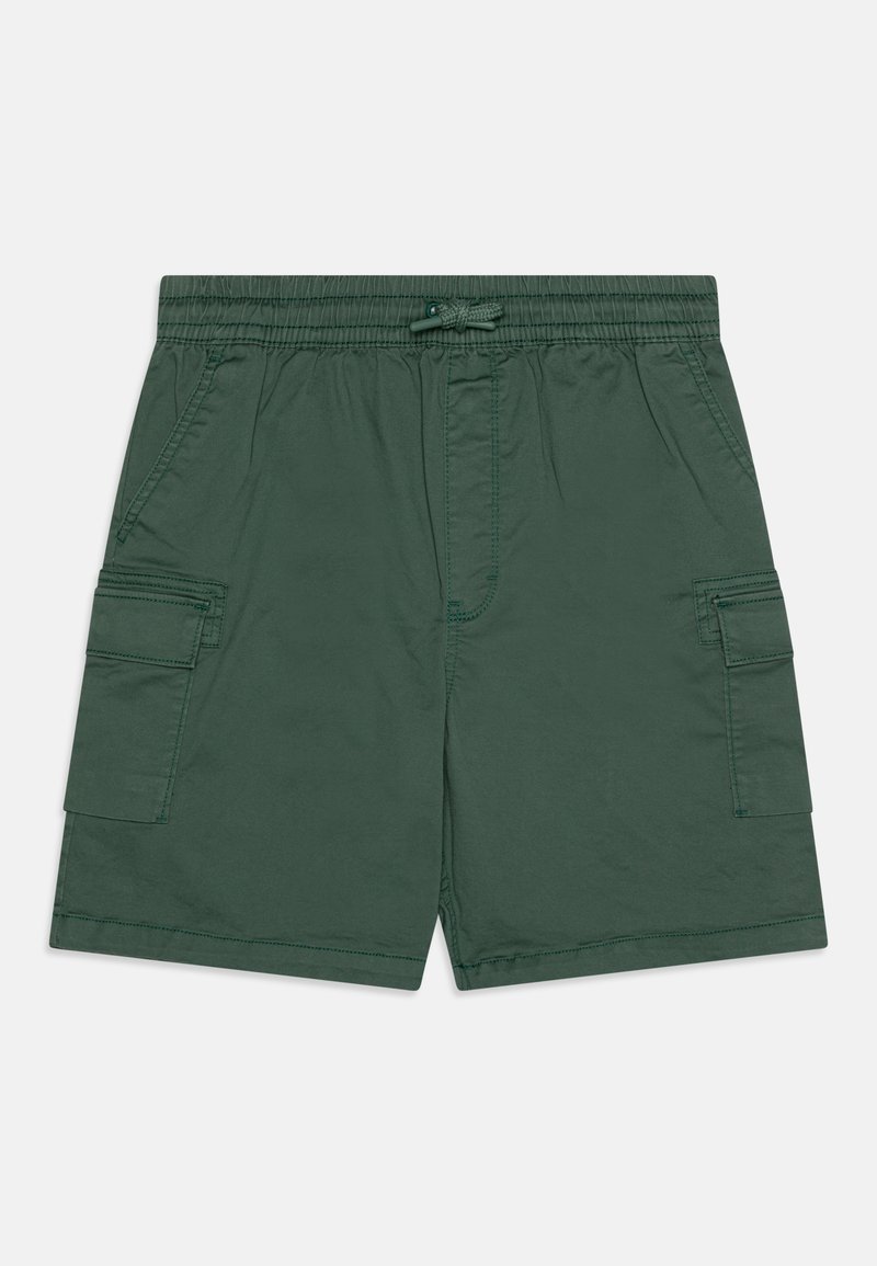 Bermudas verdes de cargo con cintura elástica, cierre con cordón, bolsillos laterales y bolsillos de parche en los costados. Tela texturizada.