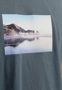 Mėlynos spalvos trumpomis rankovėmis medvilninė marškinėliai, kurių priekyje yra vaizdas su ramiu kraštovaizdžiu ir tekstas „Originals Studio“ po juo.
