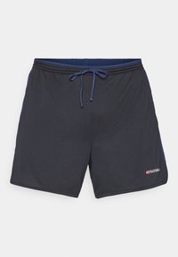 Shorts de sport noirs en matériau en maille, dotés d'une taille avec cordon de serrage, d'accents bleus sur les côtés et d'un petit logo en bas à gauche.