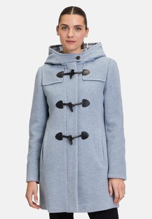 Light blue duffle coat, wool blend fabric, large hood, black toggle fastenings, two side pockets, subtle checkered lining.