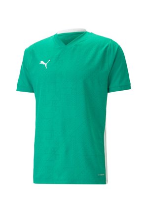 Grünes Sporthemd mit kurzen Ärmeln und V-Ausschnitt, das ein dezentes geometrisches Muster aufweist und einen weißen Akzent am Kragen und an der Seite hat.