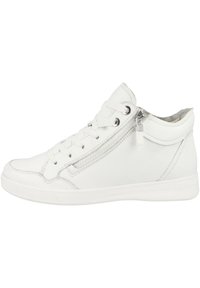 Baskets montantes blanches en cuir, avec fermeture à lacets, fermeture éclair sur le côté, col rembourré et semelle en caoutchouc texturée.