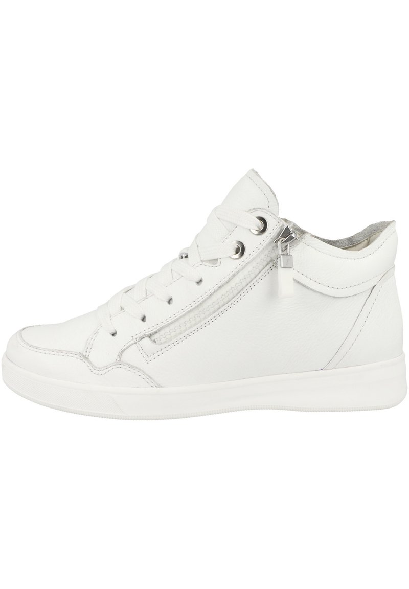 Baskets montantes blanches en cuir, avec fermeture à lacets, fermeture éclair sur le côté, col rembourré et semelle en caoutchouc texturée.