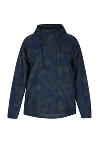 Giacca da pioggia navy con un motivo esagonale testurizzato in grigio scuro, dotata di cappuccio, regolazioni con cordino e polsini elastici.