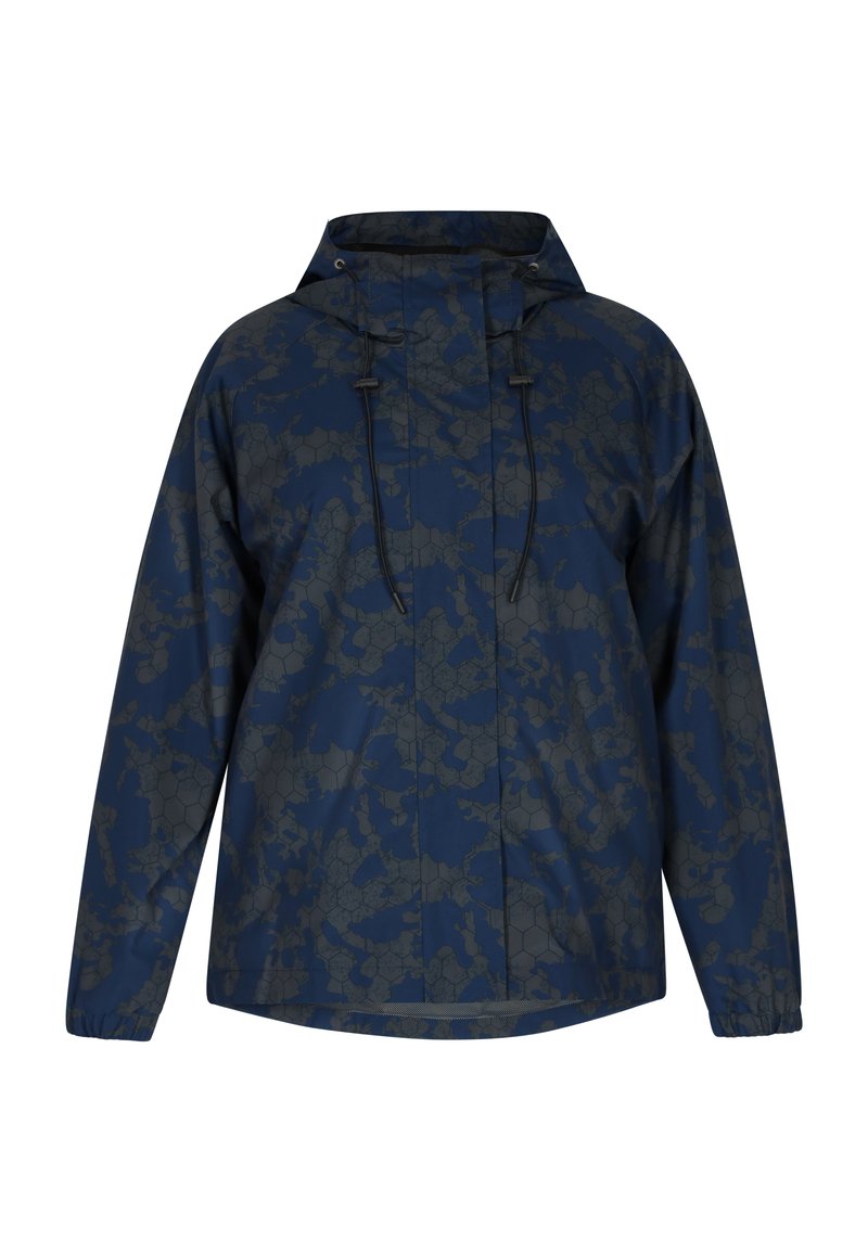 Giacca da pioggia navy con un motivo esagonale testurizzato in grigio scuro, dotata di cappuccio, regolazioni con cordino e polsini elastici.