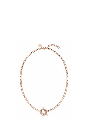 Roze gouden ketting met verlengde schakels, een toggle sluiting met een ronde accent en heldere decoratieve stenen.