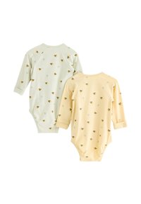 Deux bodys bébé à manches longues : un vert pâle et un jaune doux, tous deux avec un motif d'abeille. Confectionnés en tissu doux, avec des fermetures à pression.