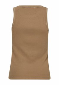 Camiseta sin mangas acanalada en marrón claro con costuras blancas a lo largo de las sisas y el escote, vista desde atrás.