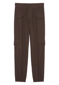 Braune Cargohosen aus leichtem Material, mit elastischem Bund, zwei vorderen Klapptaschen und elastischen Bündchen an den Knöcheln.