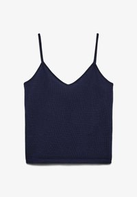 Camisola sin mangas de punto en azul marino con tirantes finos y escote en V, mostrada plana sobre un fondo blanco.