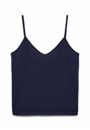 Marineblauw mouwloos gebreid hemdje met dunne bandjes en een V-hals, plat liggend op een witte achtergrond.