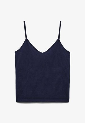 Marineblaue ärmellose Strick-Camisole mit dünnen Trägern und V-Ausschnitt, flach auf weißem Hintergrund dargestellt.