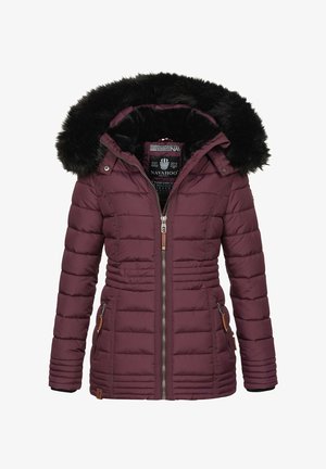 Bordeauxfarbene gepolsterte Jacke mit Kapuze aus schwarzem Kunstfell, Reißverschluss vorne, zwei seitlichen Taschen mit braunen Lederelementen und gerippten Bündchen.