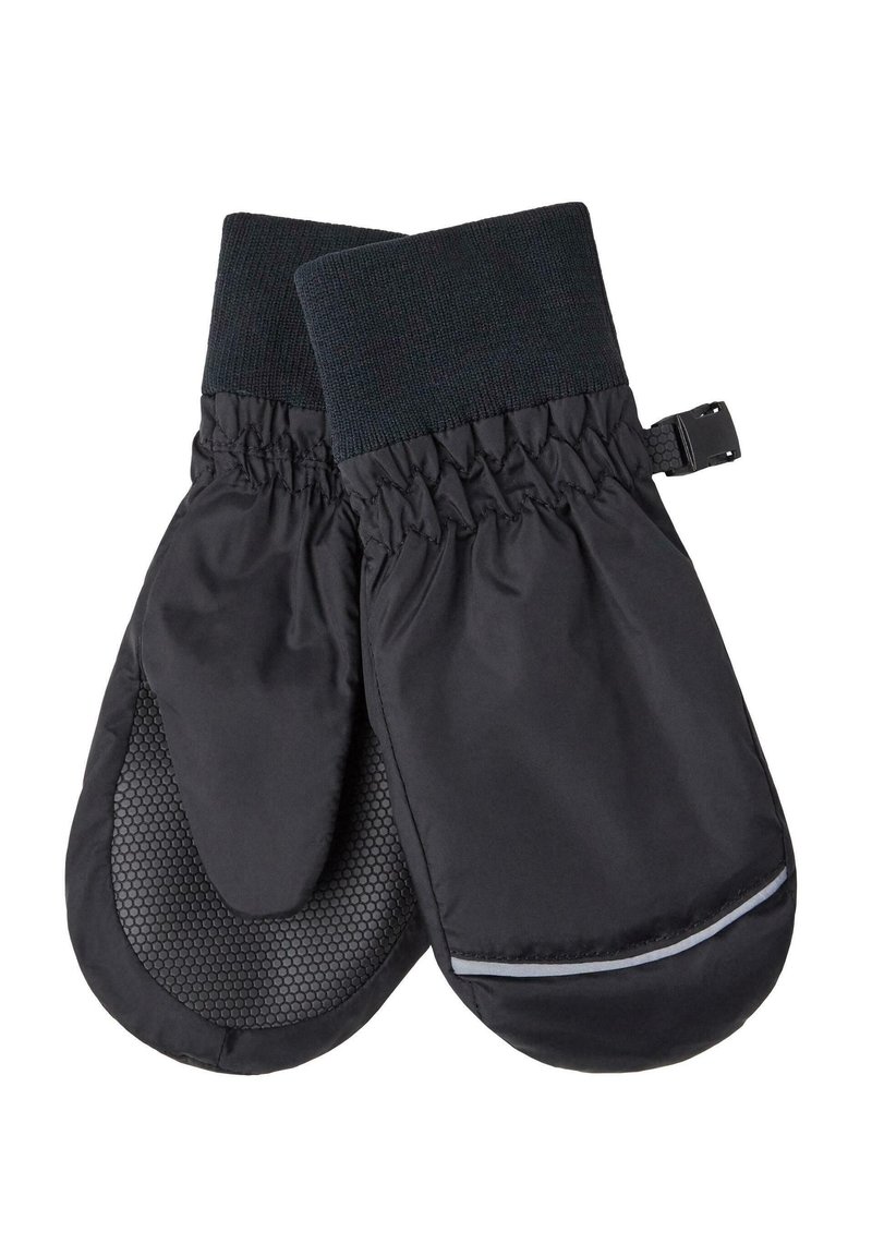 Svarta, isolerade vantar med ribbade manschetter, elastiska öppningar och ett strukturerat greppmönster på handflatan. Reflekterande accent vid basen.