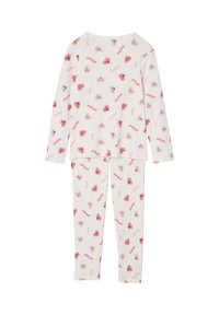 Children's two-piece white pajama set with long sleeves and pants, decorated with pink heart faces and words like "happy," "good," and "mood."