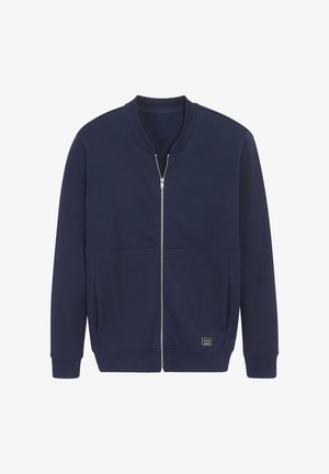Navy blue zip-up bomber jacket with ribbed collar, cuffs, and hem, featuring two side pockets and a small logo patch near the bottom hem.