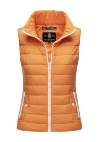 Veste matelassée orange sans manches avec fermeture éclair à l'avant, col montant et deux poches zippées, estampillée "Marikoo" sur la poitrine et à l'intérieur du col.