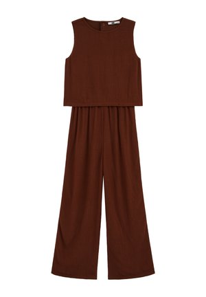 Pruun varrukateta lühike top ja ühesuguse tooniga laia säärega püksid, valmistatud pehmest soonikust kangast, disainitud mugavaks kandmiseks.