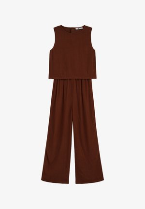 Top maro fără mâneci, scurt, asortat cu pantaloni evazați, confecționat dintr-un material moale, cu ripă, conceput pentru o croială lejeră.