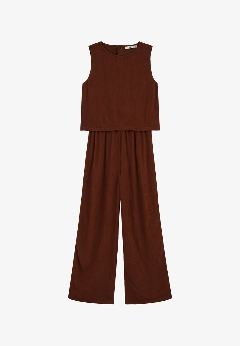 Haut marron sans manches court, accompagné d'un pantalon à jambes larges assorti, réalisé en tissu doux côtelé, conçu pour une coupe décontractée.