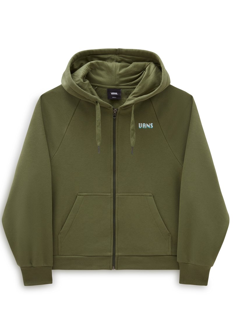 Sudadera con cremallera de color verde oliva, con capucha ajustable, mangas raglán, bolsillos frontales y logo "VANS" en el pecho en azul claro.
