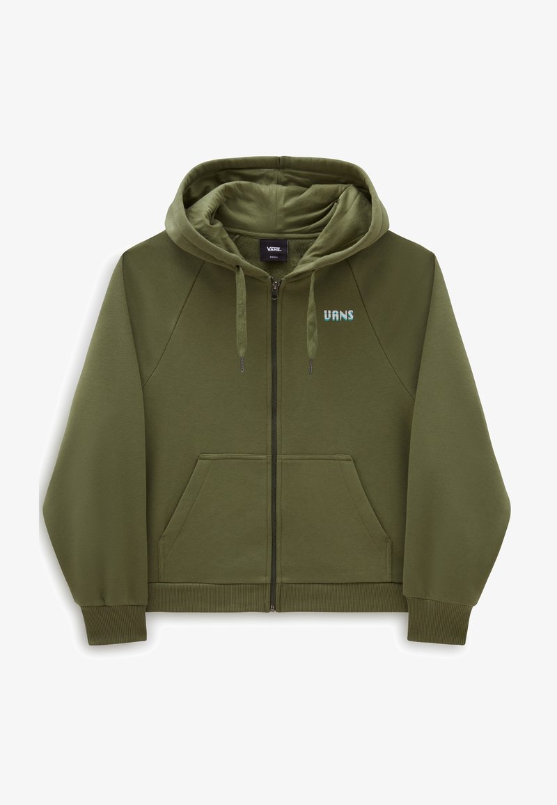 Sudadera con cremallera de color verde oliva, con capucha ajustable, mangas raglán, bolsillos frontales y logo "VANS" en el pecho en azul claro.