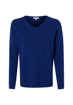 Blauer, langärmliger Strickpullover mit V-Ausschnitt und gerippter Struktur, frontseitig auf weißem Hintergrund dargestellt.
