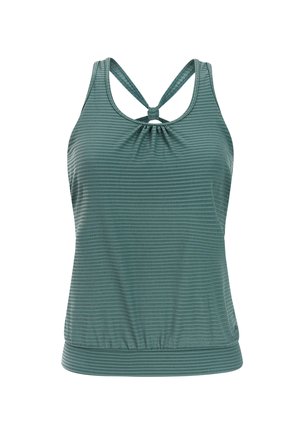 Haut de sport vert sans manches avec un motif subtil à rayures horizontales et un détail dos en forme de trou avec des bretelles nouées.