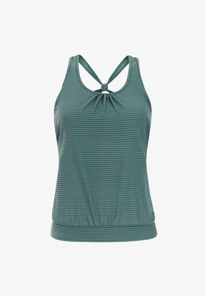 Haut de sport vert sans manches avec un motif subtil à rayures horizontales et un détail dos en forme de trou avec des bretelles nouées.