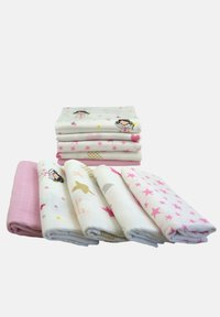 Conjunto de seis mantas de muselina en colores pastel. Presenta estampados de dibujos animados y patrones de estrellas. Algodón suave y transpirable con diversos diseños.