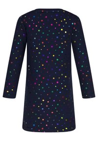 Abito a maniche lunghe in tessuto blu scuro, caratterizzato da un motivo di stelle multicolori su tutto il capo, con scollatura rotonda e orlo curvo.