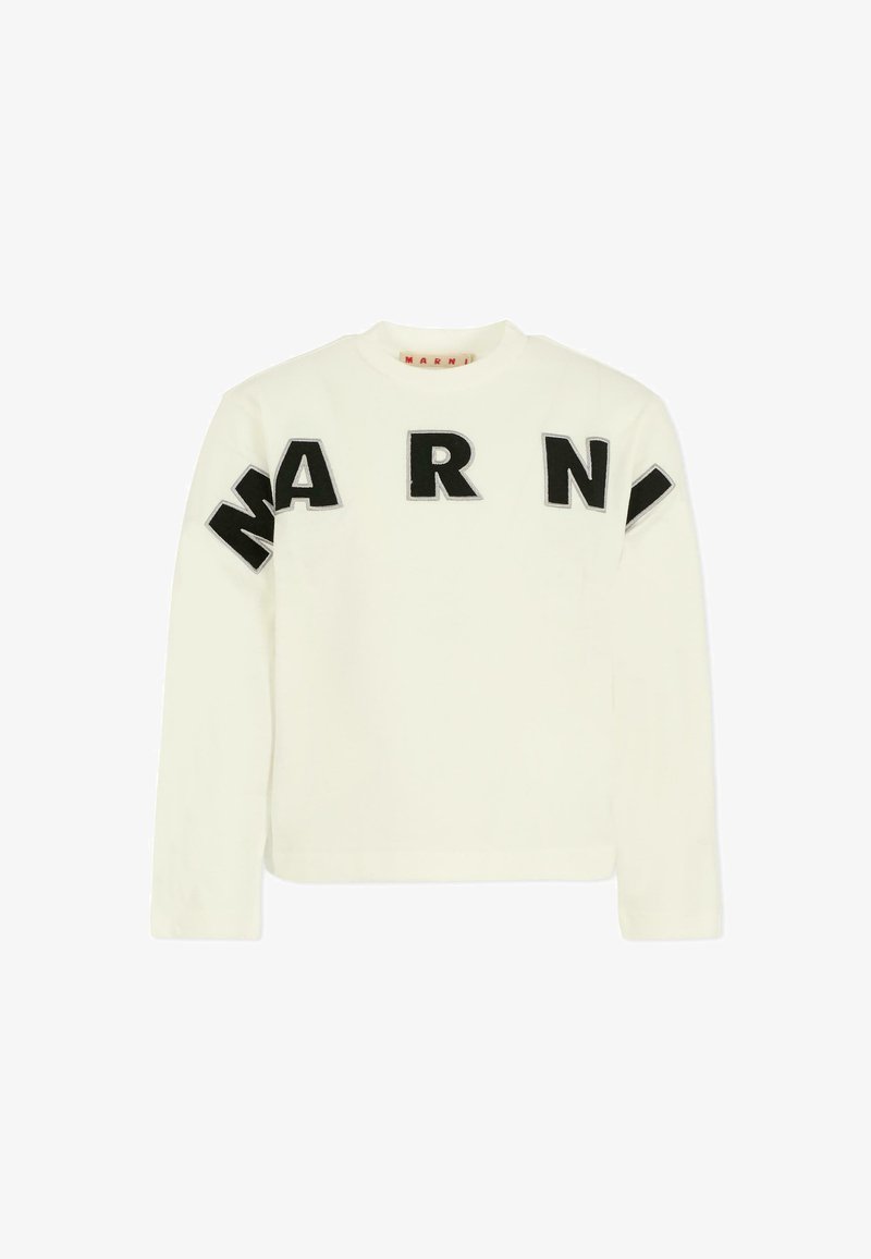Witte sweatshirt met lange mouwen, met opvallende zwarte stoffen letters "MARNI" over de borst en schouders. Zachte textuur, ontspannen snit.