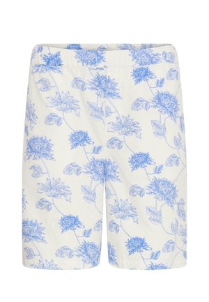 Pantaloni scurți albi cu talie elastică, decorati cu un imprimeu floral albastru cu flori și frunze mari, distribuite uniform pe material.
