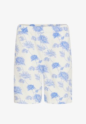 Baltos šortai su elastinga juosmens juosta, papuošti mėlyno floralo raštu su didelėmis gėlėmis ir lapais, tolygiai paskirstytais ant audinio.