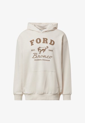 Cream hoodie featuring a brown graphic with "FORD Bronco" text, a horse illustration, and kangaroo pocket. Soft fabric and ribbed cuffs.
