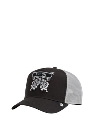 Schwarz-weißes Netz-Trucker-Cap mit dem Schriftzug "FRESH" und Feder-Design, das auf der Vorderseite gestickt ist.