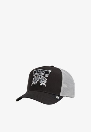 Schwarz-weißes Netz-Trucker-Cap mit dem Schriftzug "FRESH" und Feder-Design, das auf der Vorderseite gestickt ist.