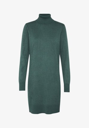 Green turtleneck sweater dress made of soft knit fabric, featuring long sleeves and ribbed cuffs with a simple, straight silhouette.