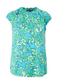 Blouse à manches courtes avec encolure froncée, fond bleu et imprimé abstrait de feuilles vertes et blanches.